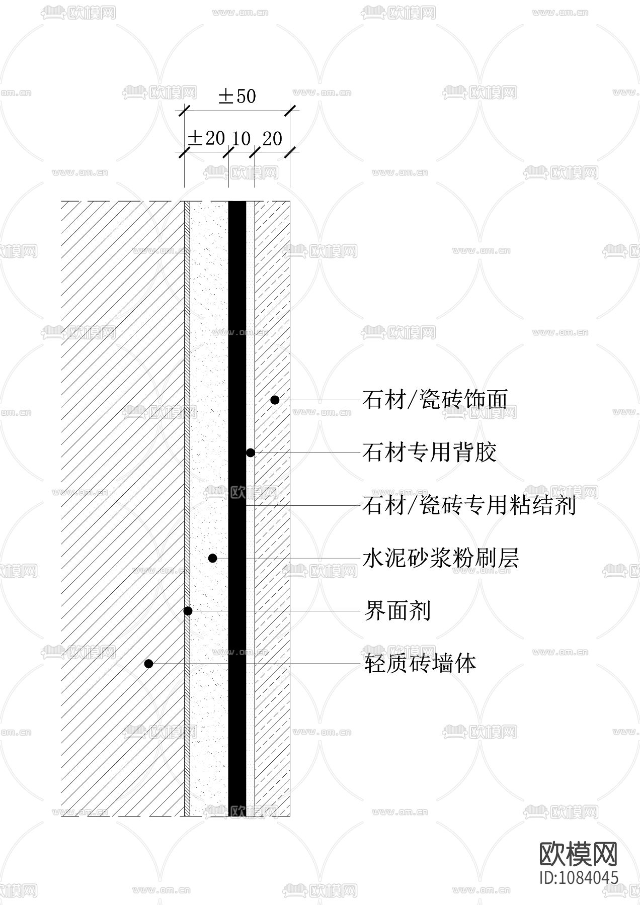 瓷砖石材湿贴墙面节点图(轻质砖墙体)