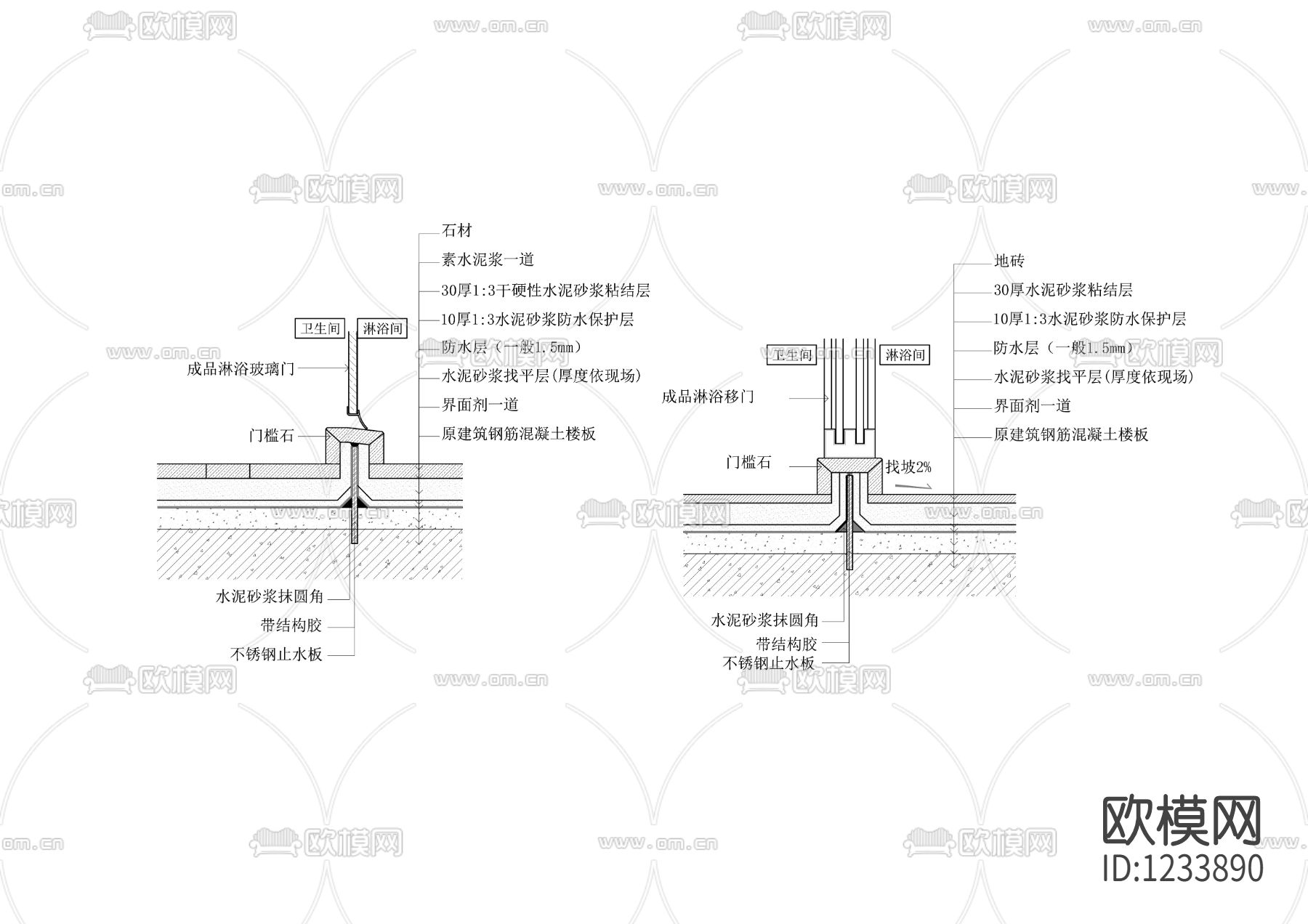 淋浴房门槛石剖面节点大样图(淋浴间推拉门)