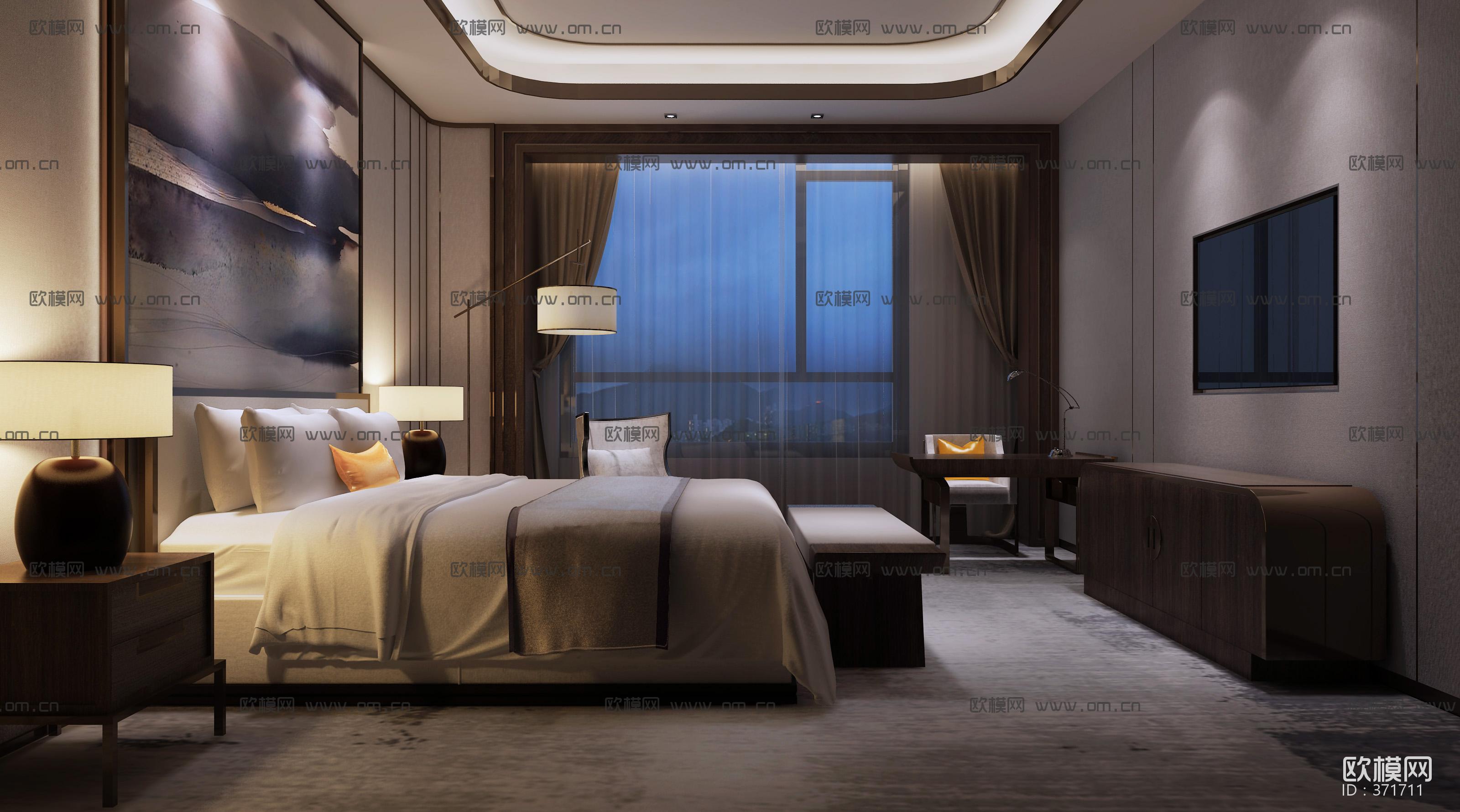 新中式酒店客房标间3d模型