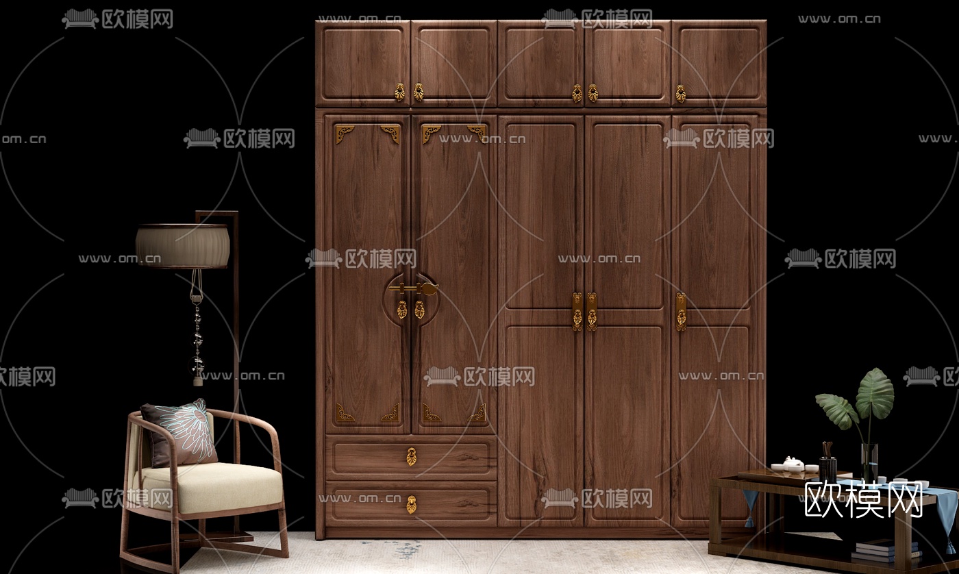 新中式实木衣柜3d模型-免费3dmax模型库-欧模网
