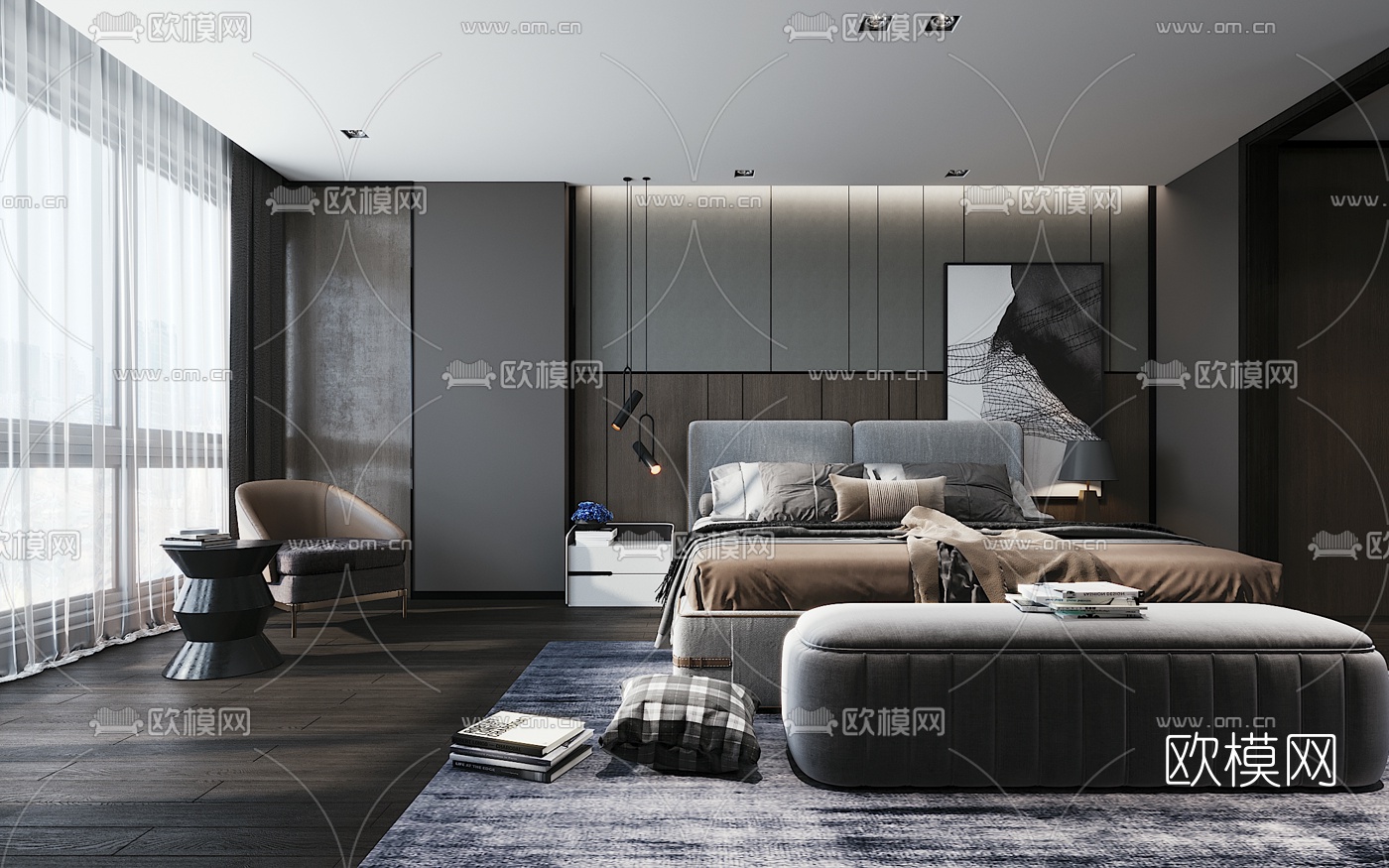 现代高级灰卧室3d模型-免费3dmax模型库-欧模网