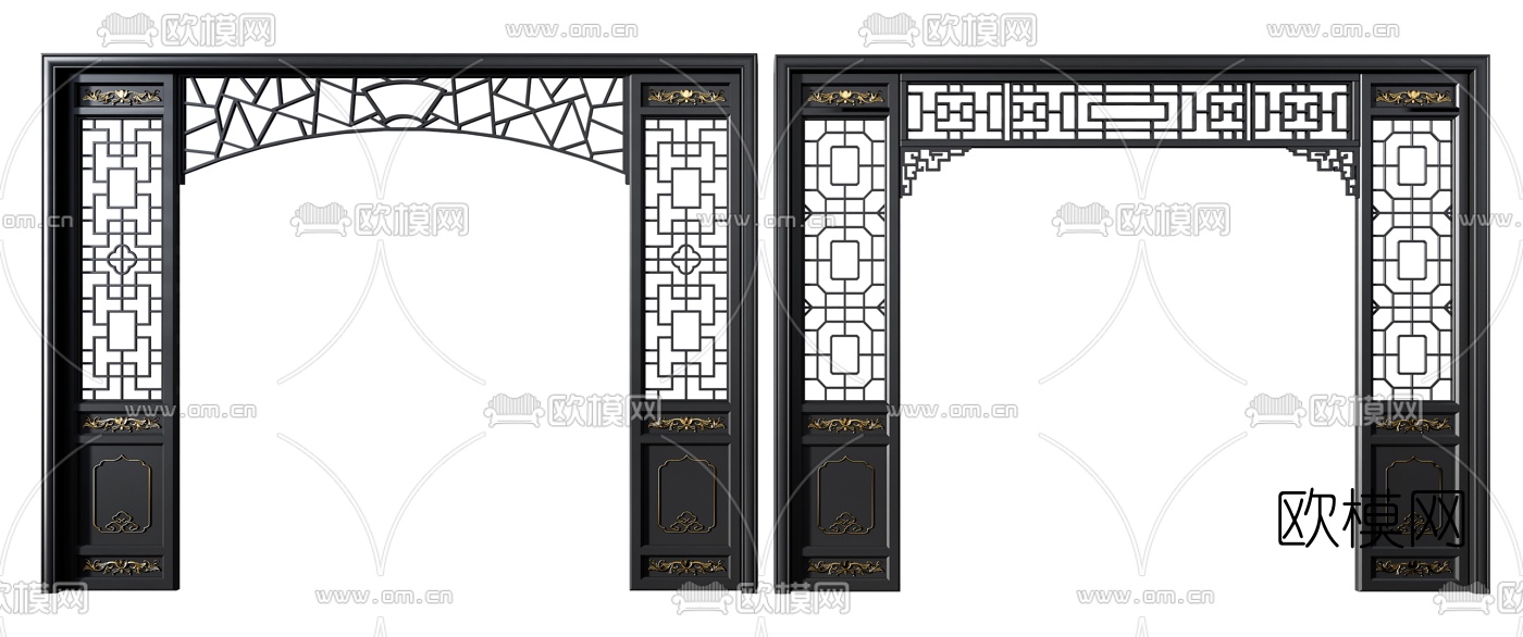 新中式实木垭口屏风门洞组合3d模型