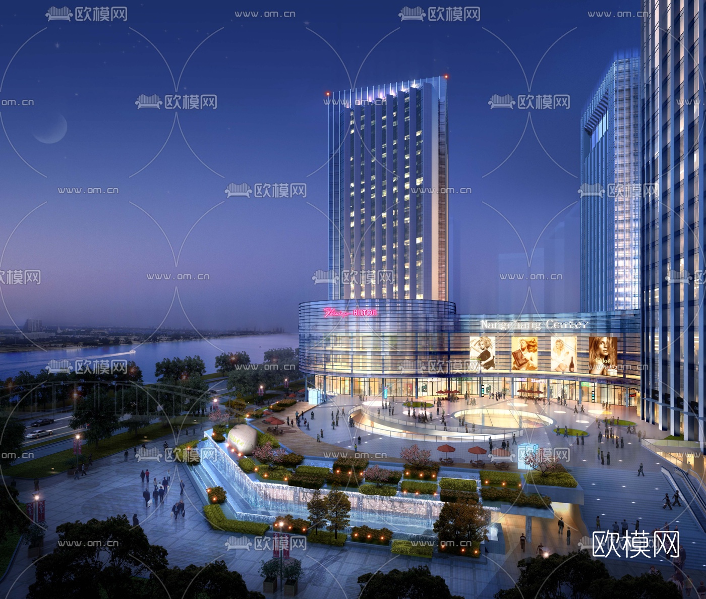 现代商业广场建筑外观夜景3d模型