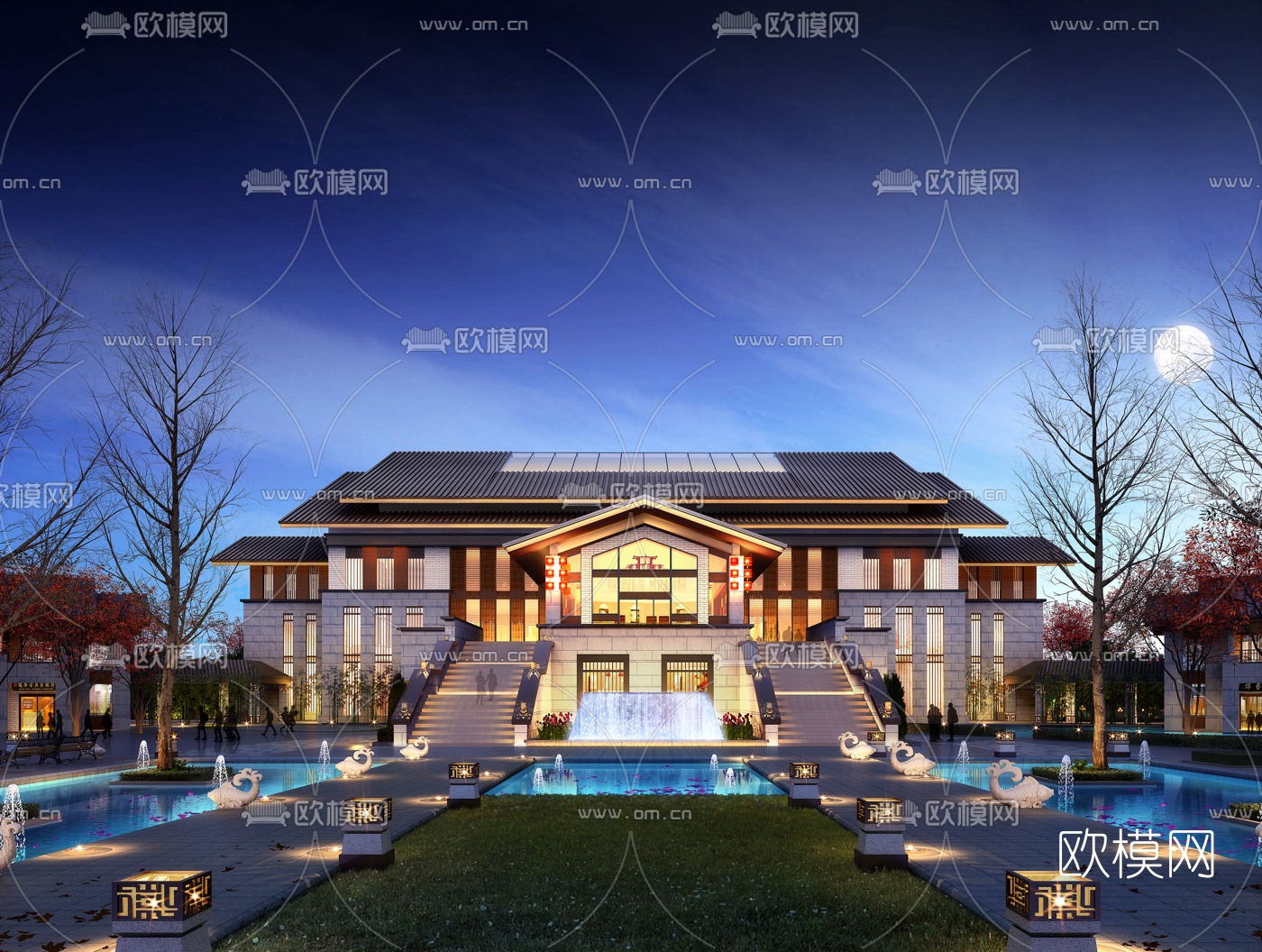 新中式酒店会所建筑外观3d模型