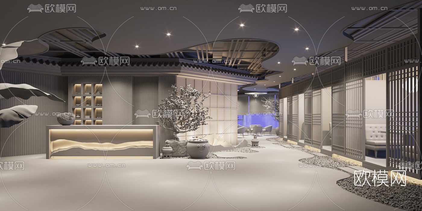 新中式茶楼大厅前台3d模型