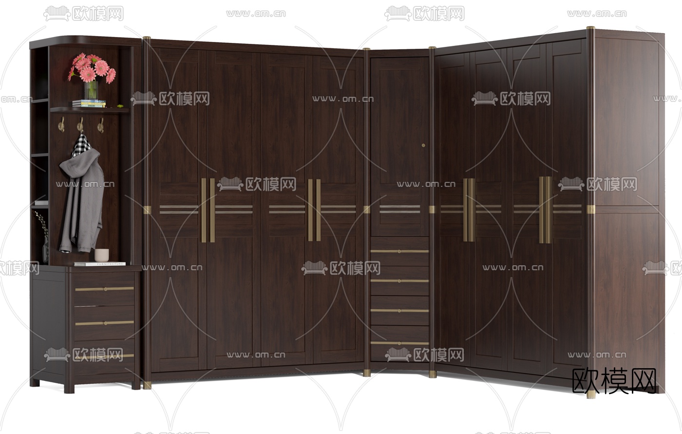 新中式实木转角衣柜3d模型-免费3dmax模型库-欧模网