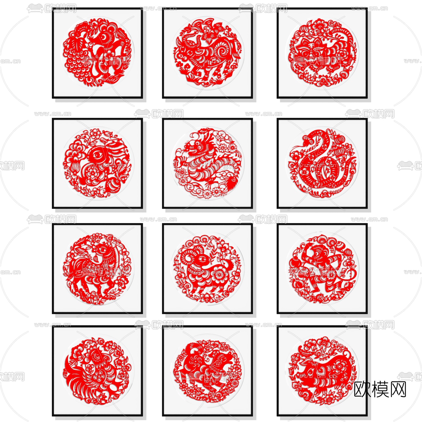 十二生肖剪纸装饰画3d模型下载
