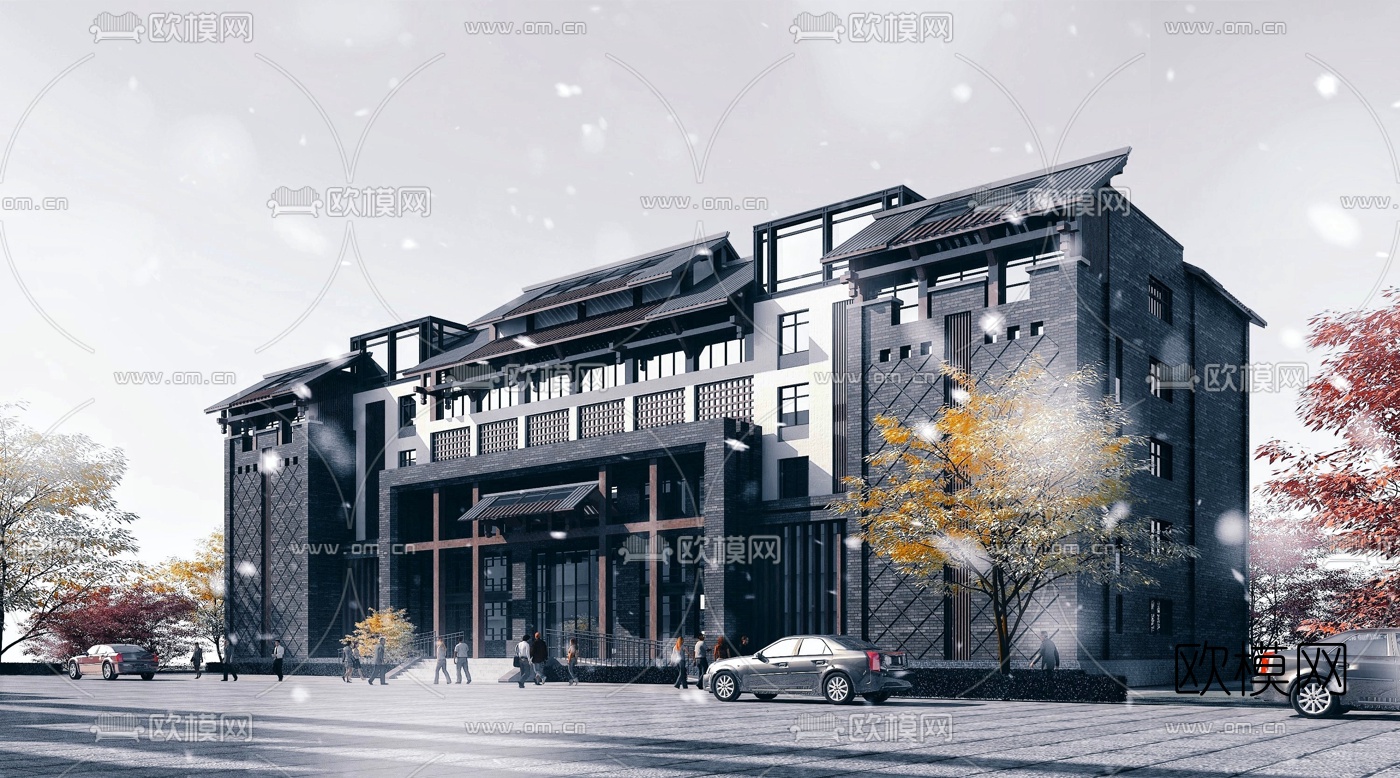 新中式酒店建筑外观3d模型