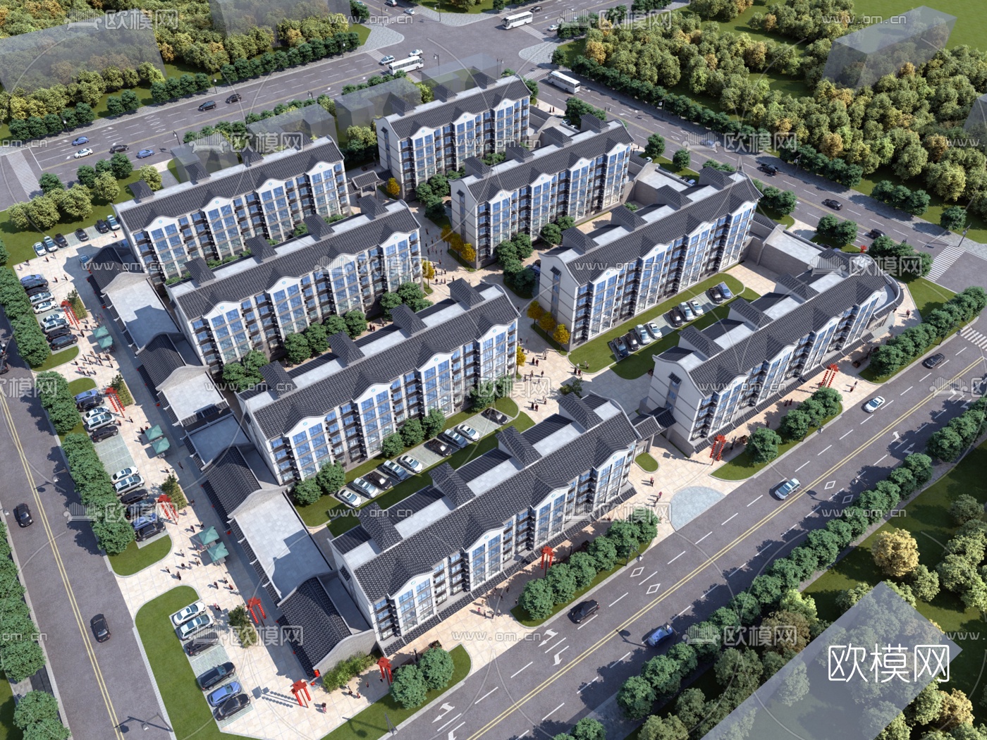 新中式住宅小区鸟瞰规划3d模型