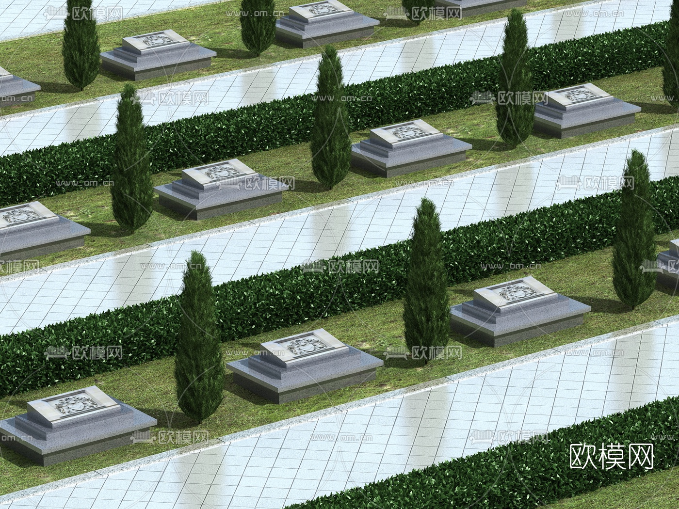 现代墓碑墓地鸟瞰规划3d模型