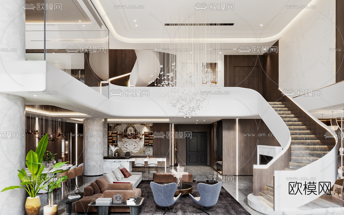 现代轻奢别墅客厅餐厅3d模型-免费3dmax模型库-欧模网