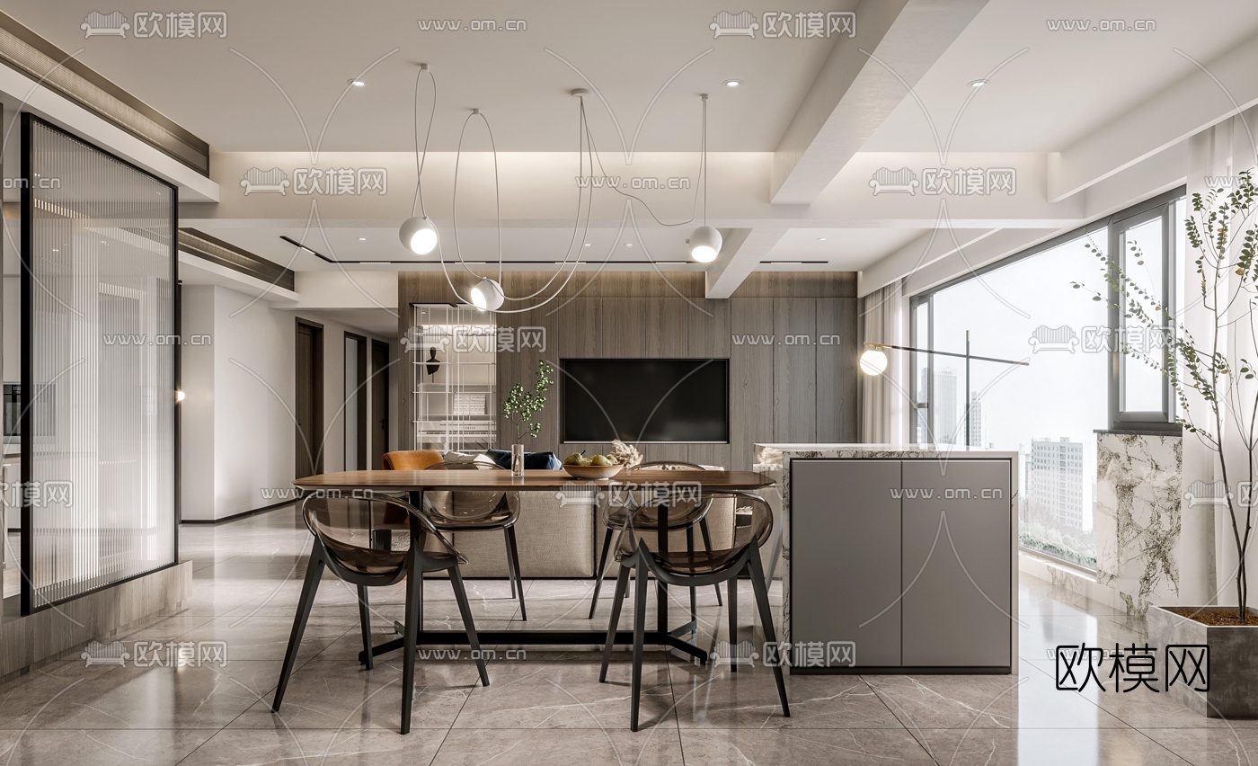 现代简约客厅餐厅3d模型-免费3dmax模型库-欧模网