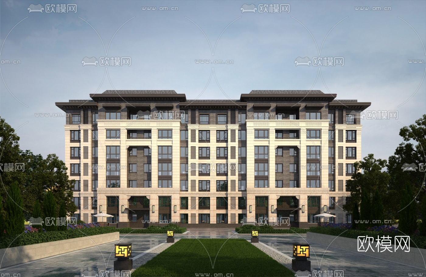 新中式联排住宅楼建筑外观3d模型