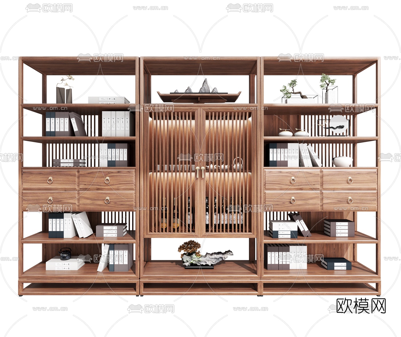 新中式实木装饰书架su模型-免费3dmax模型库-欧模网