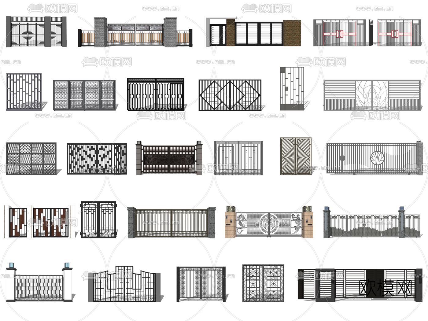 新中式铁艺大门围墙围栏su模型