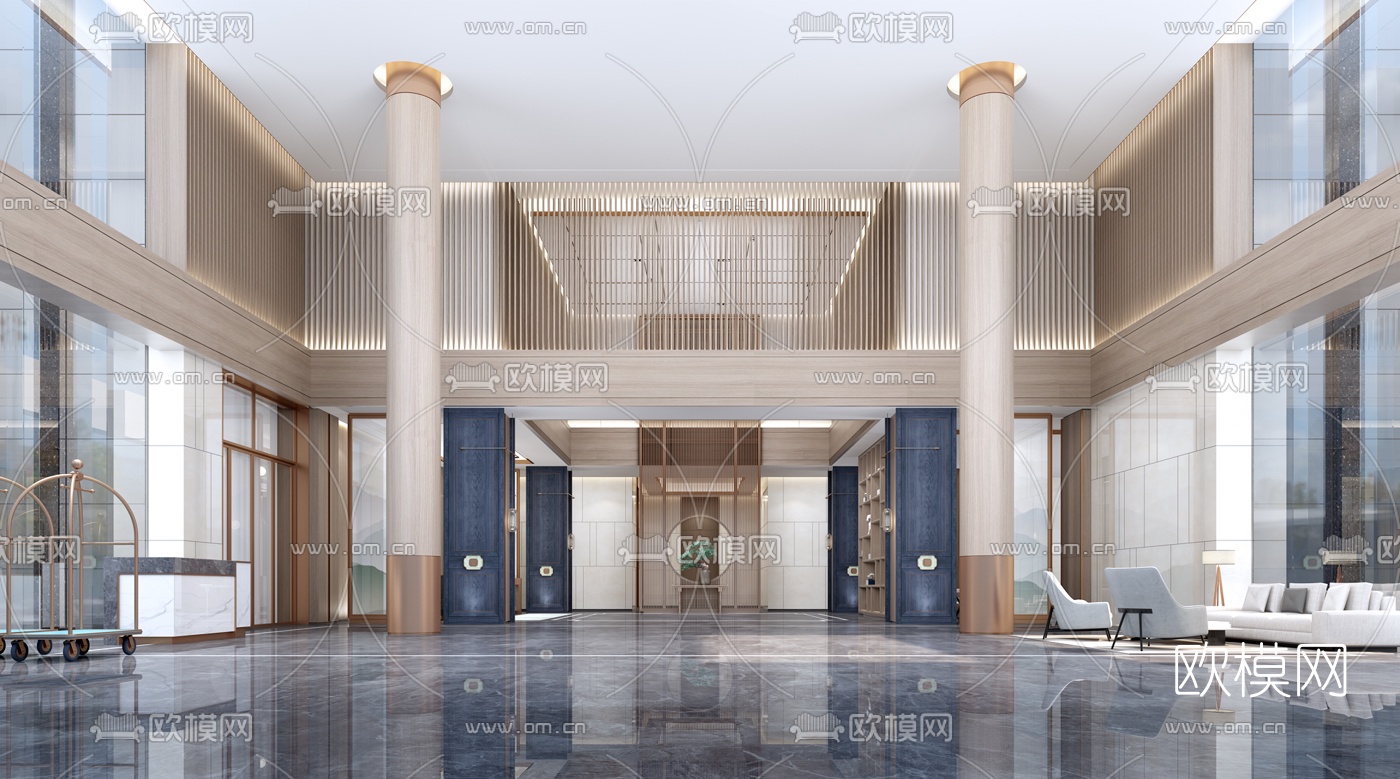 新中式轻奢酒店大堂3d模型