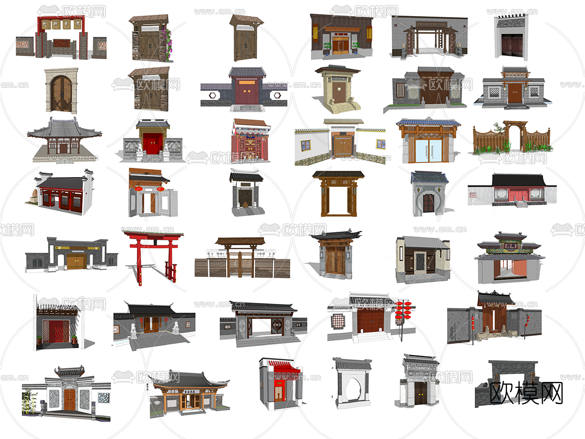中式门头大门院门su模型