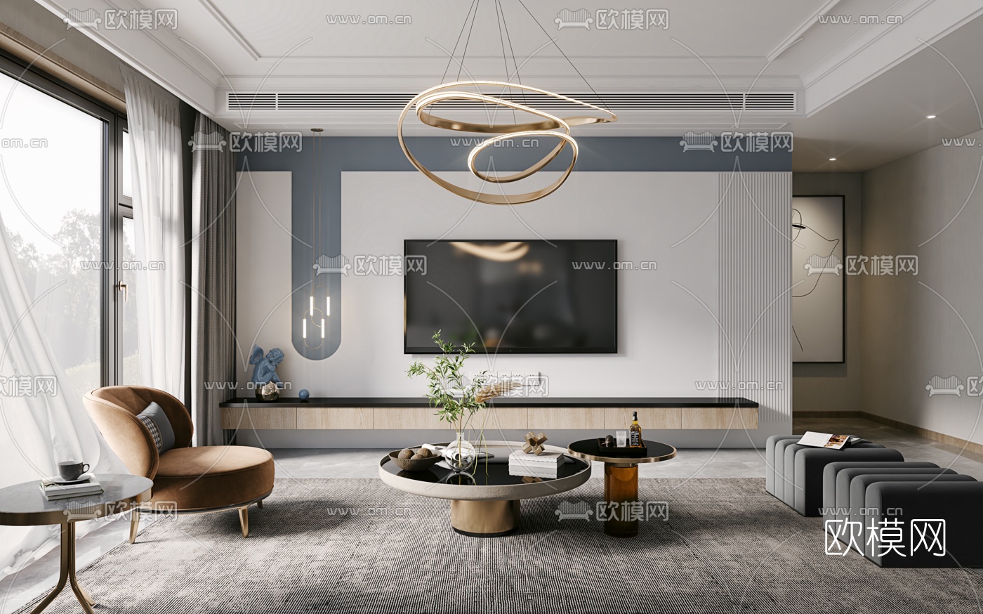 现代轻奢客厅餐厅3d模型-免费3dmax模型库-欧模网