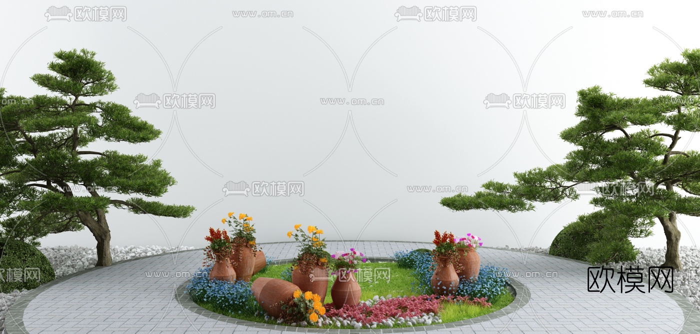 新中式松树花坛景观小品3d模型