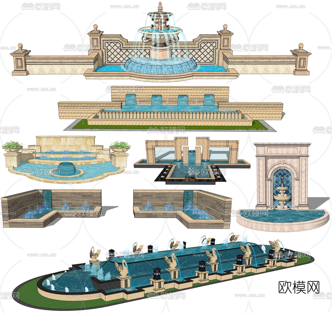 欧式水景水景墙喷泉su模型