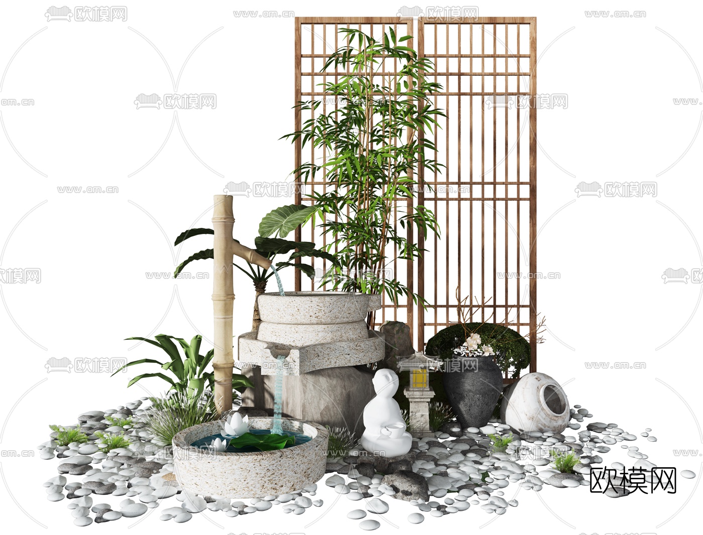 新中式庭院流水景观小品3d模型