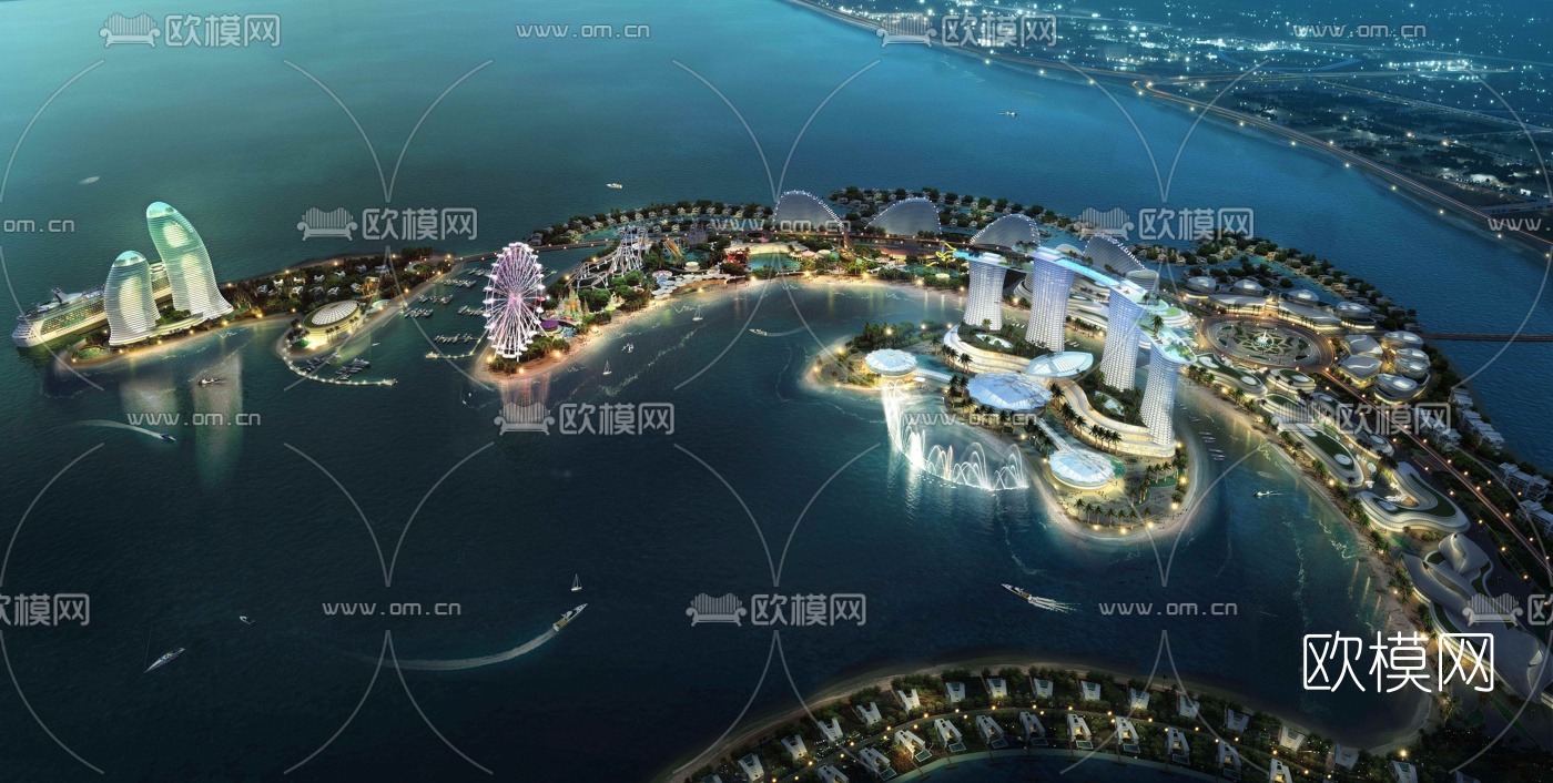 现代海岛城市鸟瞰夜景3d模型