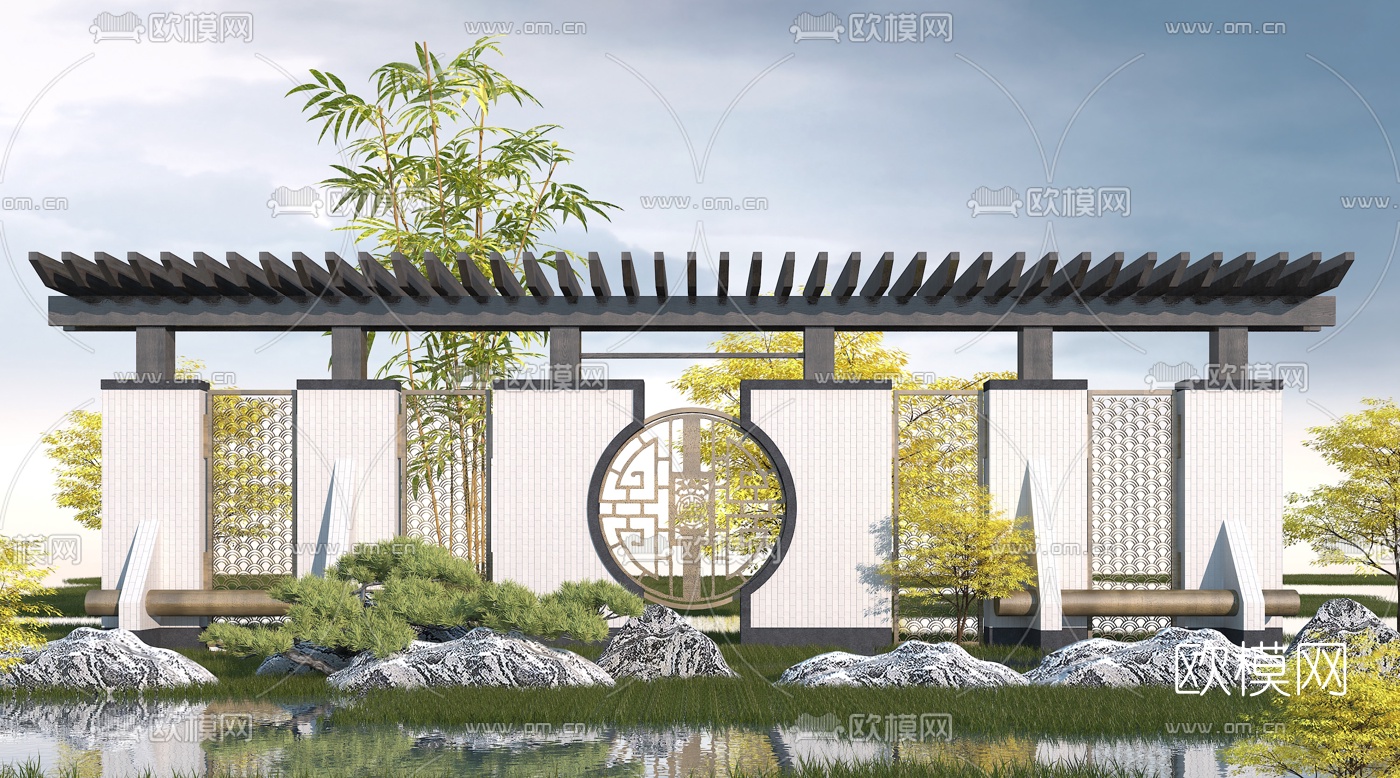 新中式园林景观墙3d模型