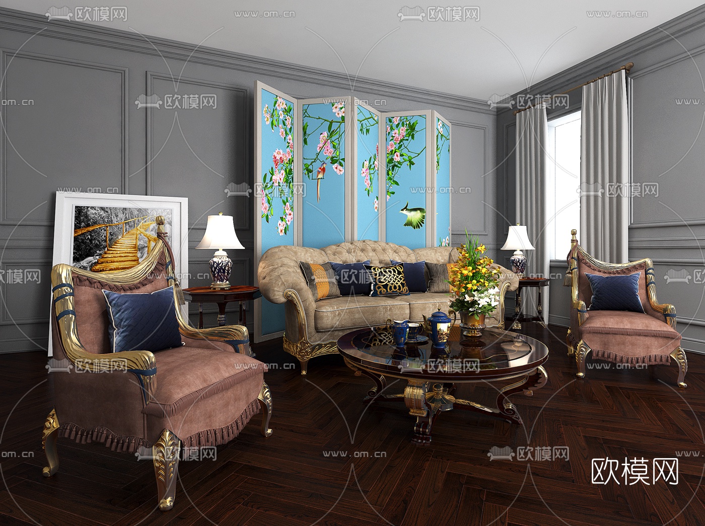 布艺沙发组合免费3d模型下载-3dmax模型免费下载-欧模网