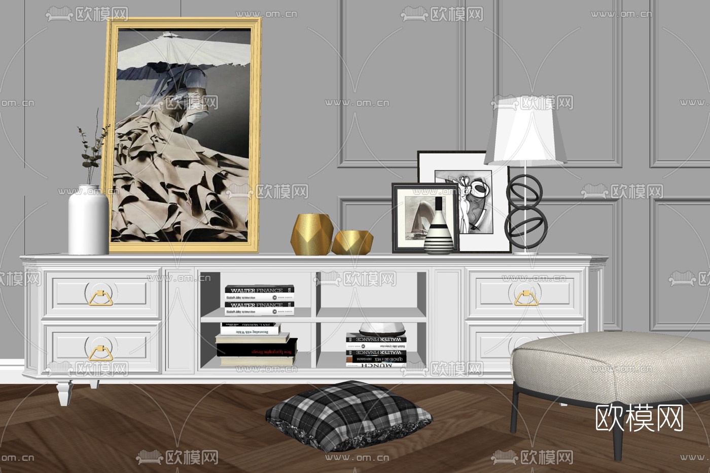 简欧实木电视柜su模型-免费3dmax模型库-欧模网