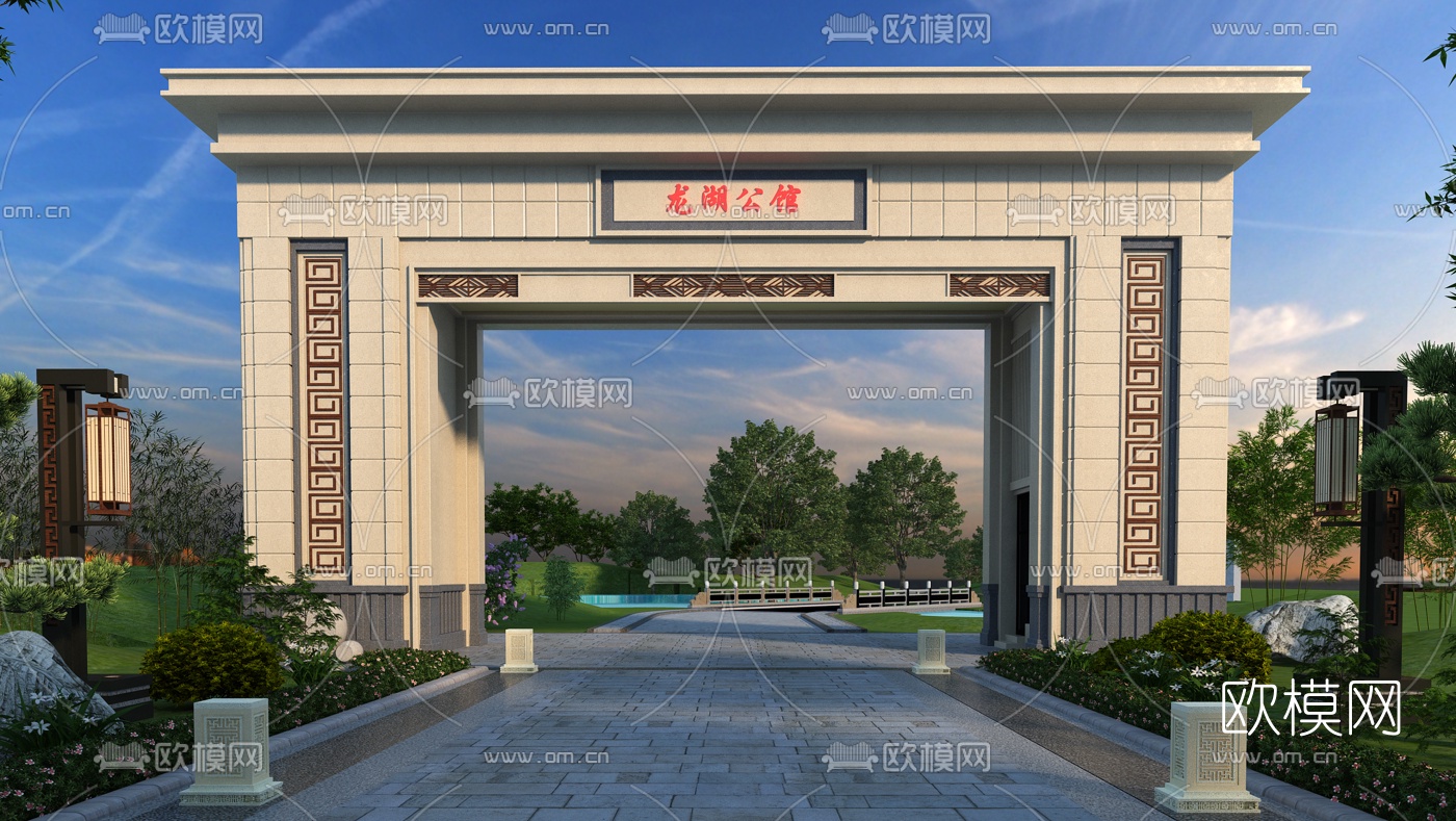 新中式住宅公馆大门门头3d模型