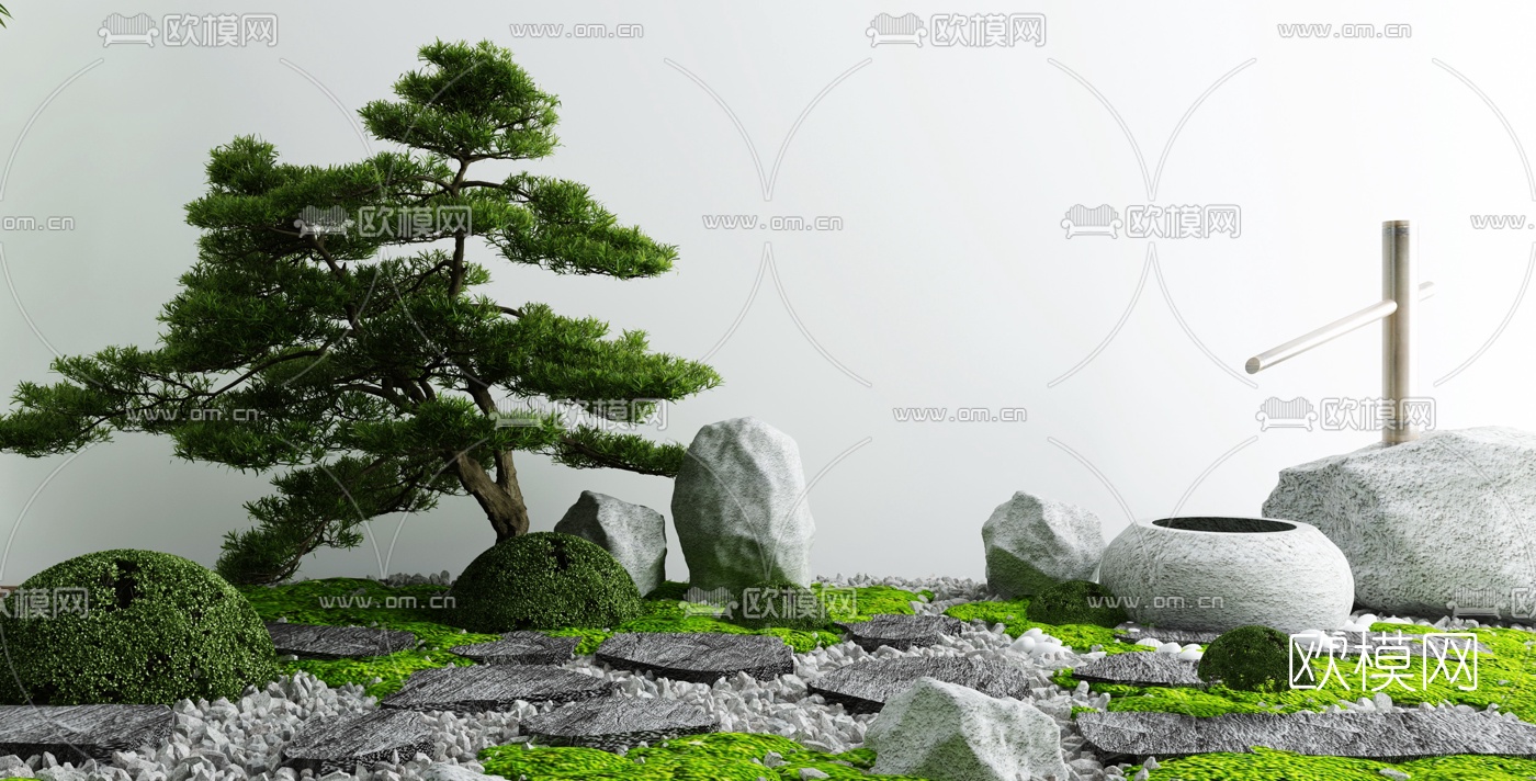 新中式松树石头灌木景观小品3d模型