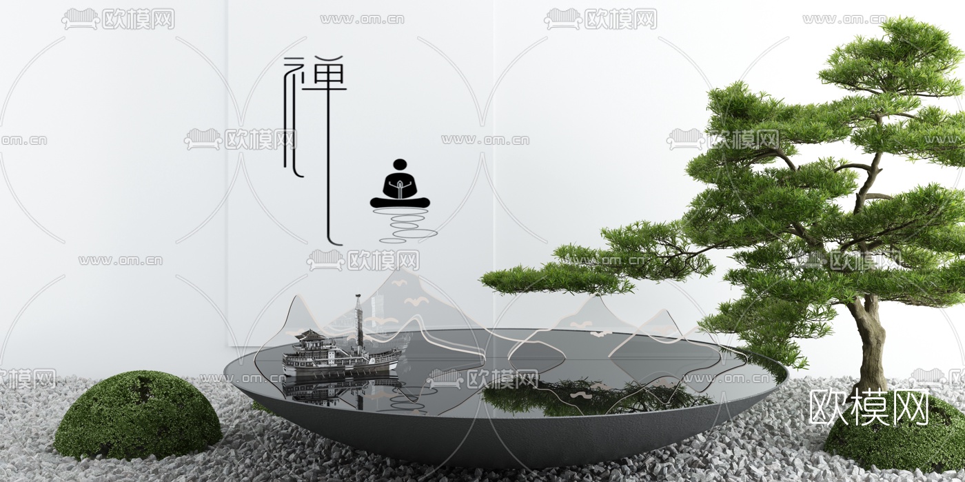 新中式禅意水景小品3d模型