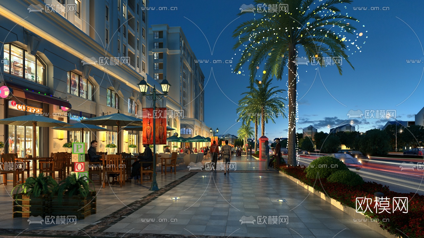 现代夜景商业街建筑外观3d模型