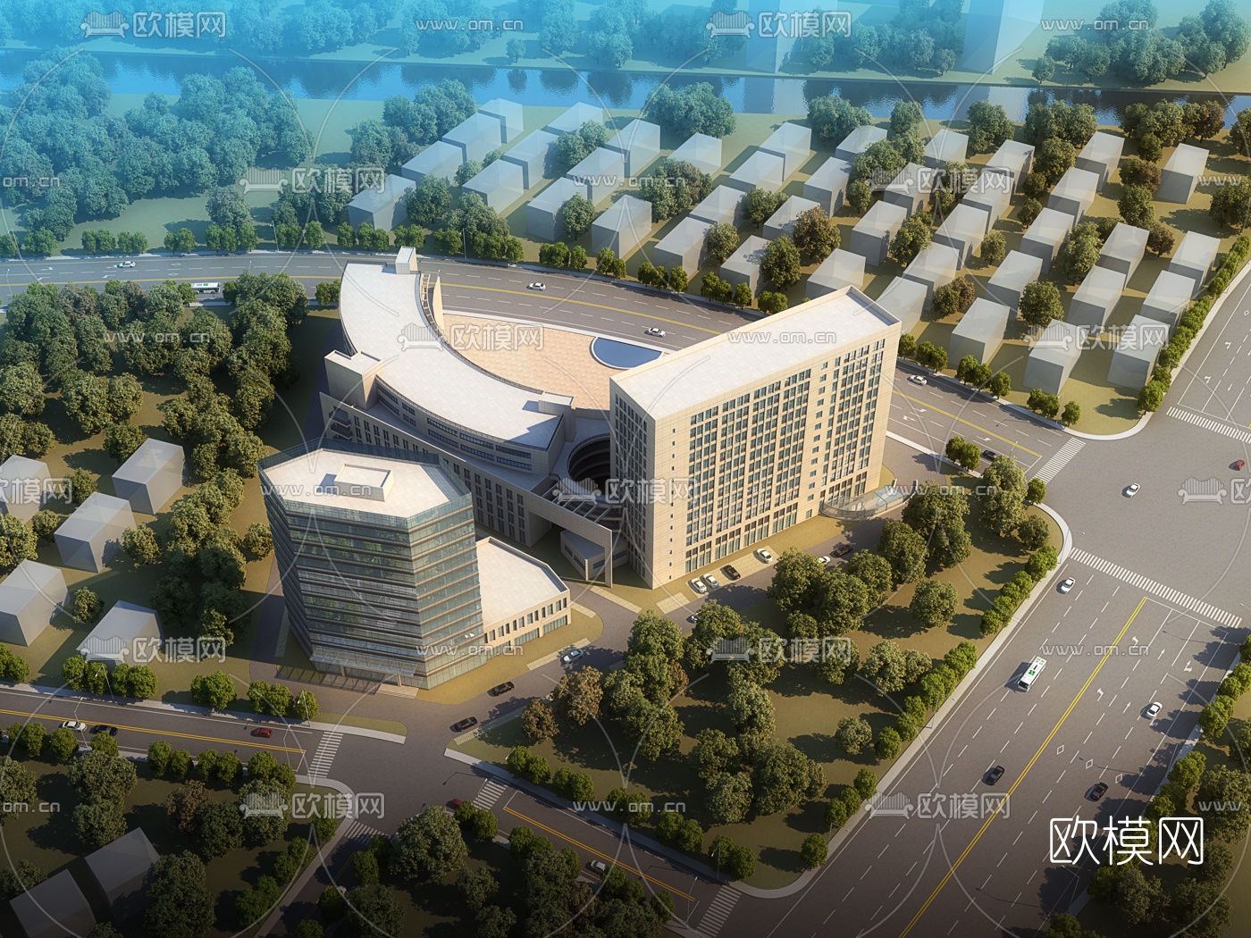 现代办公楼建筑外观鸟瞰3d模型