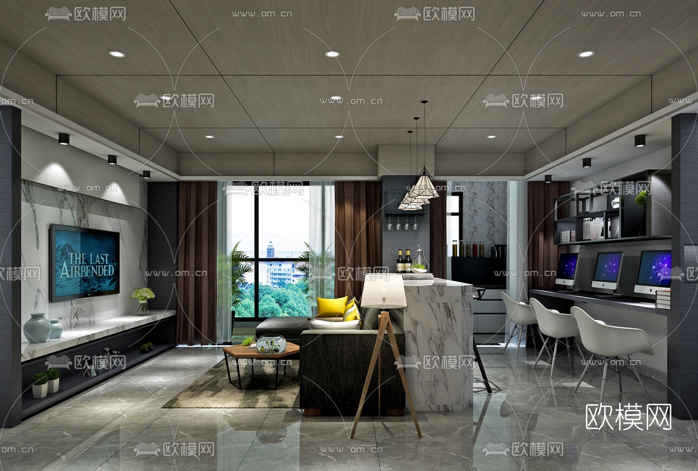 现代沙发吧台休闲区3d模型