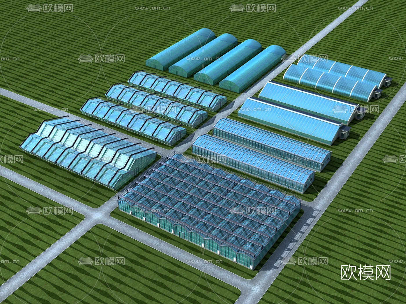 现代玻璃温室大棚鸟瞰3d模型
