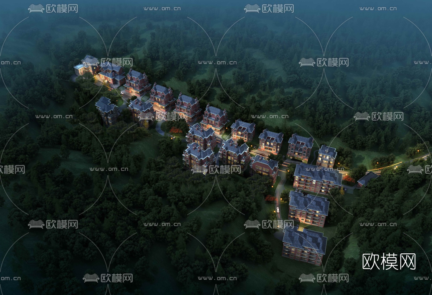 现代别墅区鸟瞰夜景3d模型