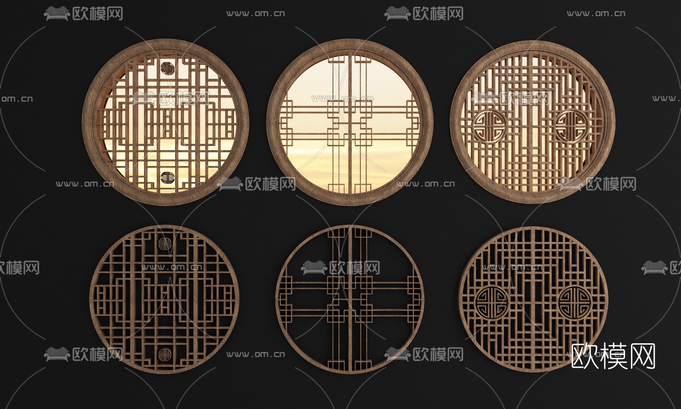 新中式圆形花格实木花窗组合3d模型