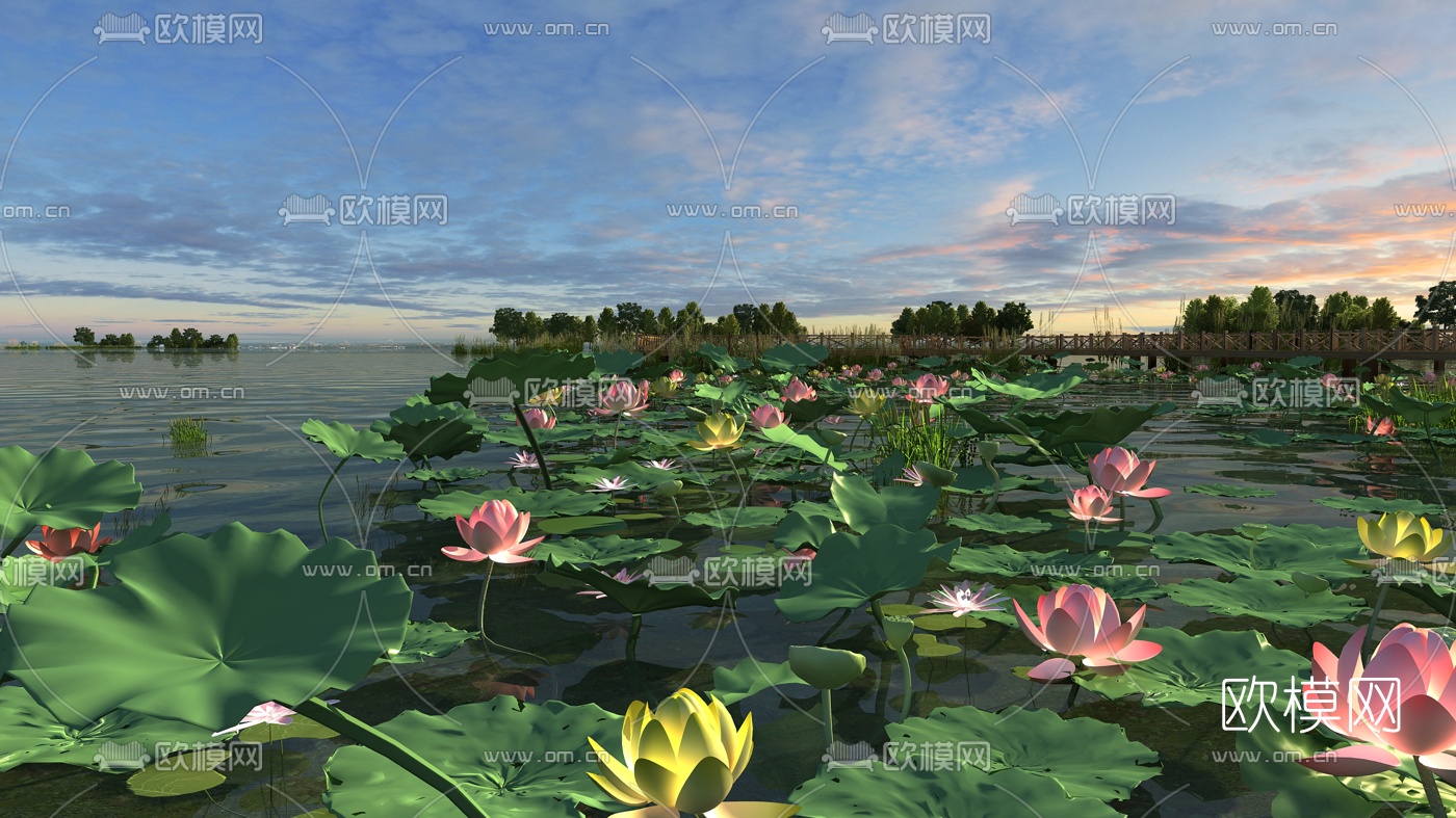 现代荷花湖泊公园景观3d模型