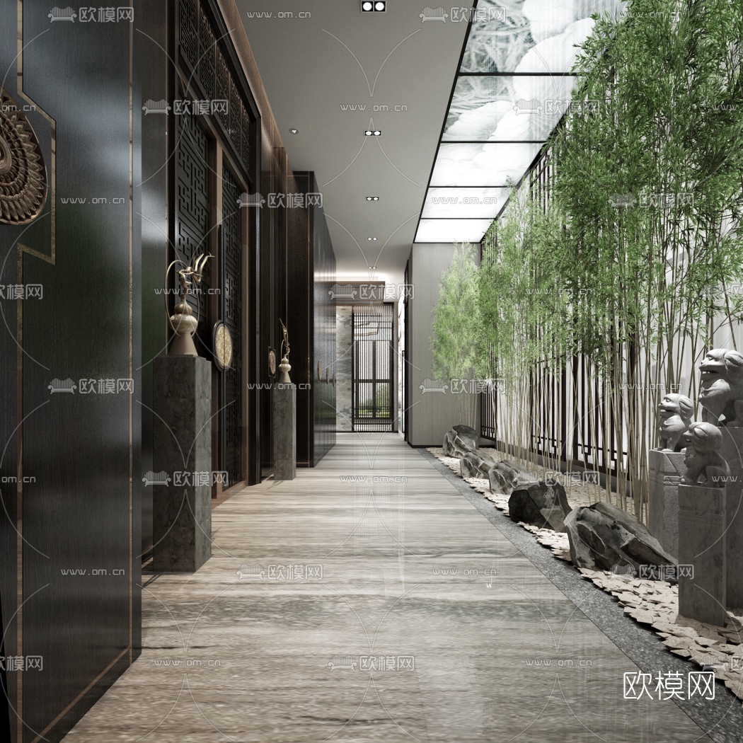 新中式会所走廊竹子摆件3d模型