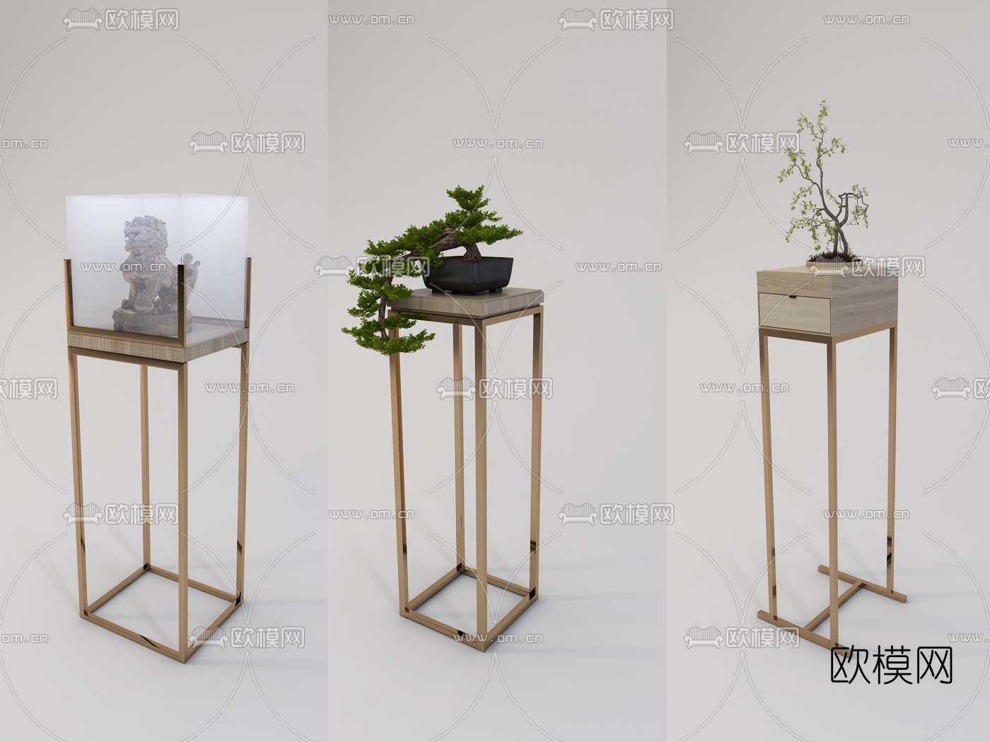 新中式铁艺高角几摆件组合3d模型