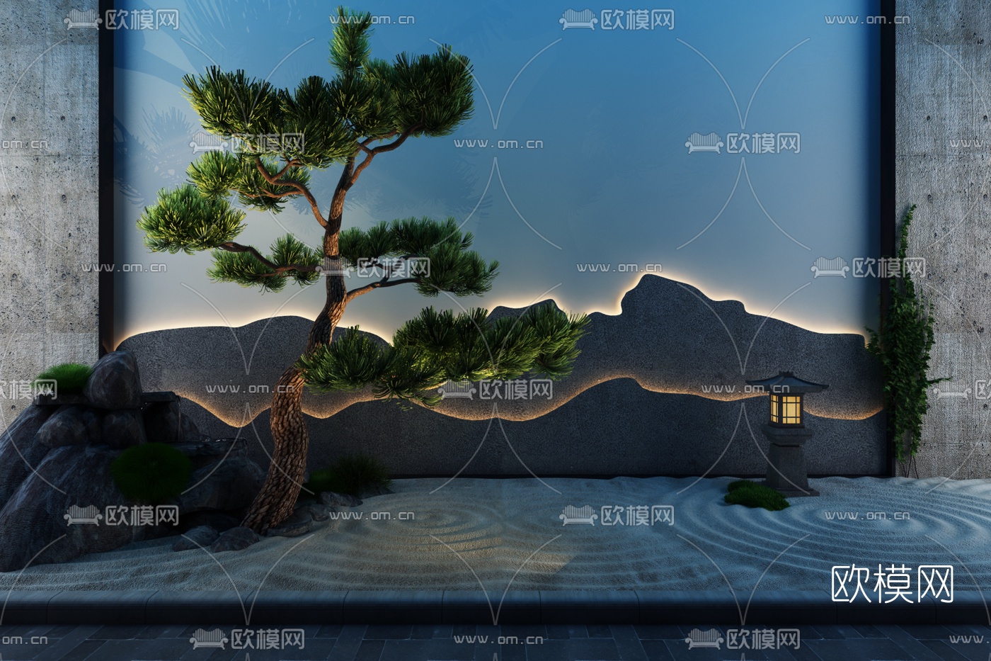 新中式松树假山背景墙组合3d模型