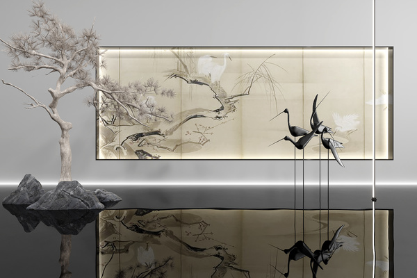 仙鹤松树水景小品3d模型