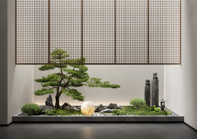 新中式禅意室内景观 景观造景 庭院小品 金属隔断 植物组合3d模