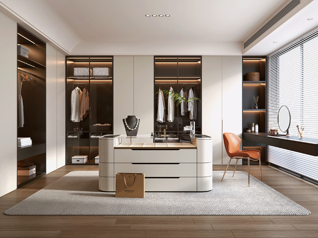 现代轻奢衣帽间 中岛台衣帽间 梳妆台 化妆品 服饰包包 收纳3d