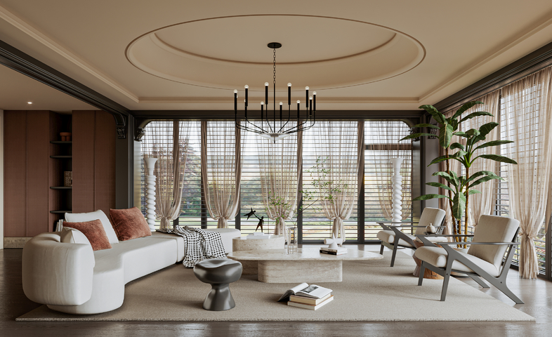 法式 中古风 客厅 沙发 单椅 茶几  窗帘 地毯 书架 饰3d