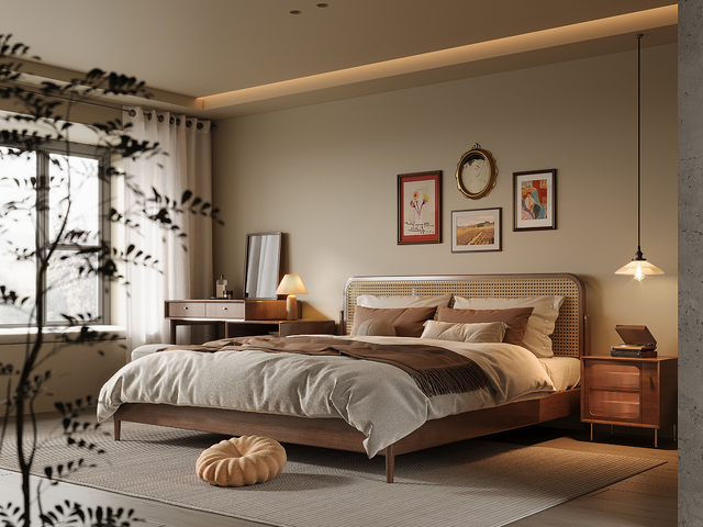 中古风家居卧室 实木双人床 床头柜 实木梳妆桌椅 吊灯3d模型下