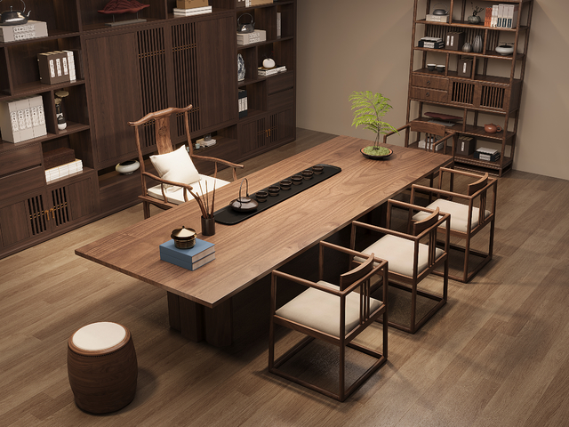 实木茶桌椅组合 大板桌 茶台 实木储物柜 茶水柜 茶具用品3d模