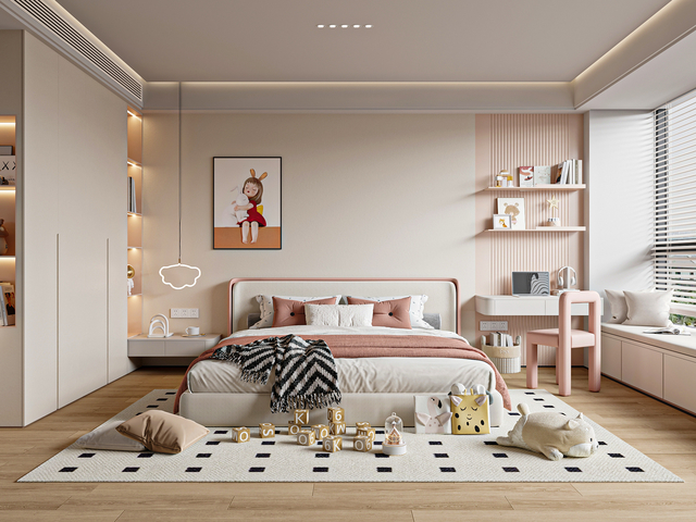 现代奶油风儿童房 女孩房 双人床 衣柜3d模型下载