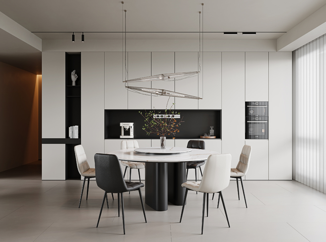 现代极简餐厅 无主灯餐厅 餐桌椅组合 圆形餐桌 单椅 皮革餐3d